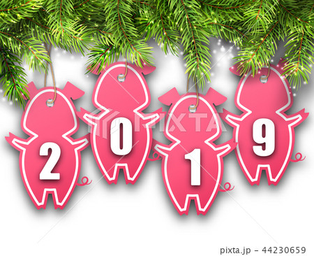 Shimmering Light Wallpaper with Fir Branches and Stickers Pigs for Happy New Year 2019 44230659