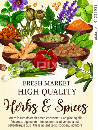 Herbs and spices in bowls poster for fresh market 44235951