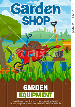 Garden shop poster with agricultural tools on lawn Garden shop poster with agricultural tools on lawn 44235967