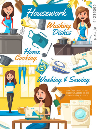Housework and housekeeping poster with housewife Housework and housekeeping poster with housewife 44236099