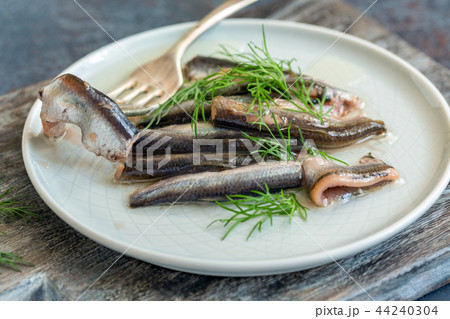 Anchovies in olive oil with fresh dill. Anchovies in olive oil with fresh dill. 44240304