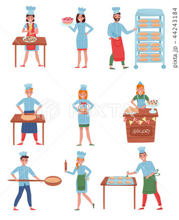 Flat vector set of bakers characters. Happy people in working uniform. Young men and women working 44243184