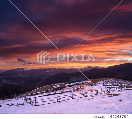 Beautiful sunrise in mountain village Beautiful sunrise in mountain village 44243764