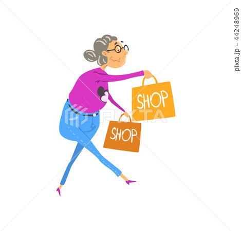 Senior man walking with shopping bags, elderly woman cartoon character leading an active lifestyle Senior man walking with shopping bags, elderly woman cartoon character leading an active lifestyle 44248969
