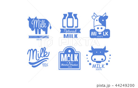 Milk natural products logos set, 100 percent fresh dairy natural food label, emblem design vector Milk natural products logos set, 100 percent fresh dairy natural food label, emblem design vector 44249200