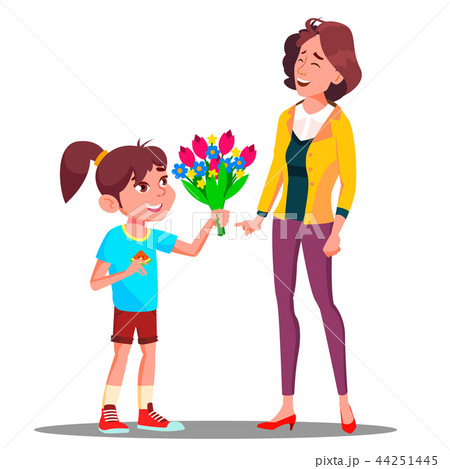 Little Girl Gives Flowers To Mother, Happy Mother S Day Vector. Present, Gift. Isolated Illustration Little Girl Gives Flowers To Mother, Happy Mother S Day Vector. Present, Gift. Isolated Illustration 44251445
