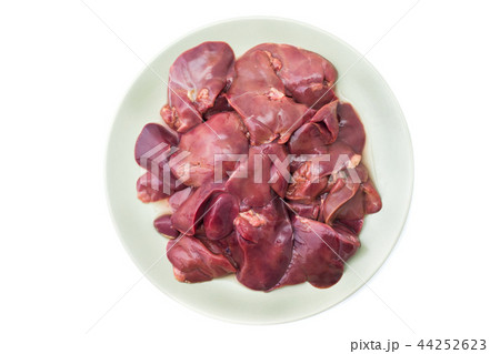 Fresh raw chicken liver on a plate. Isolated 44252623