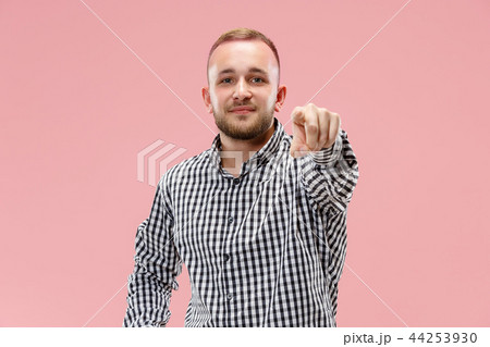 The happy business man point you and want you, half length closeup portrait on pink background. The happy business man point you and want you, half length closeup portrait on pink background. 44253930