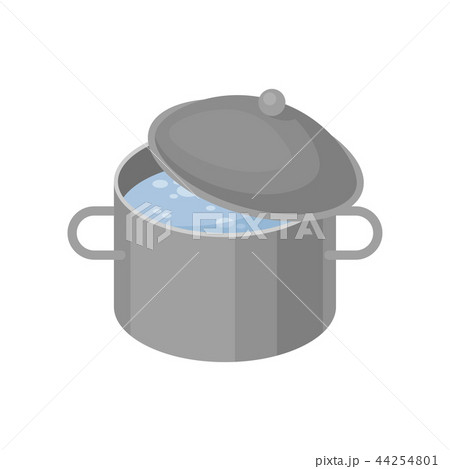 Isometric vector icon of gray metal pan with boiling water. Iron cooking pot with lid. Kitchenware Isometric vector icon of gray metal pan with boiling water. Iron cooking pot with lid. Kitchenware 44254801