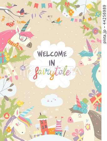 cute winter frame with magic unicorns and christmas decorのイラスト