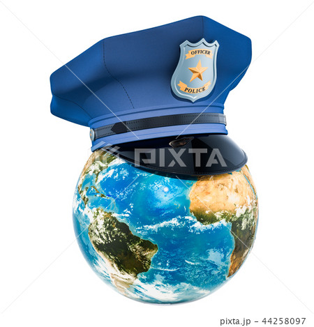 Earth Globe with police cap. 3D rendering 44258097