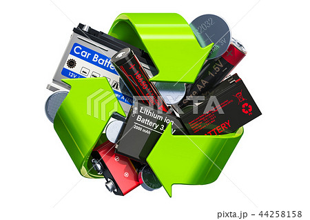 Green recycle symbol with batteries, 3D rendering 44258158