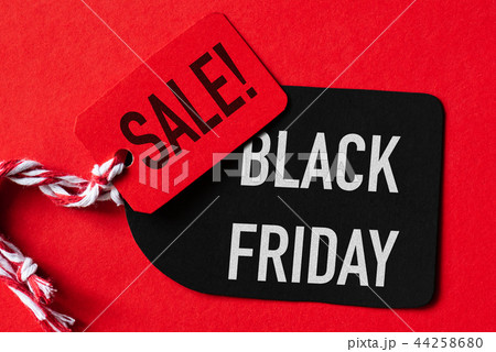Black Friday Sale text on a red and black tag. Black Friday Sale text on a red and black tag. 44258680