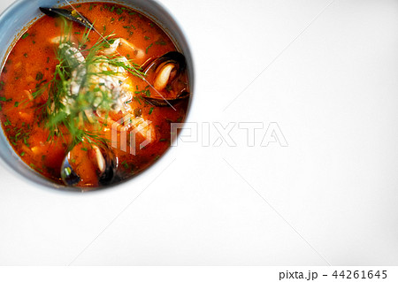 seafood soup with fish and blue mussels in bowl seafood soup with fish and blue mussels in bowl 44261645