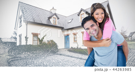 Composite image of happy man giving his girlfriend piggy back 44263985