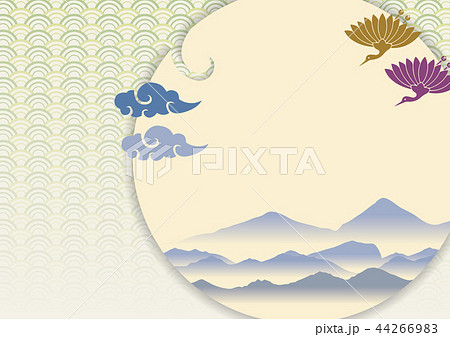 和柄 青海波 和風のイメージ背景 窓に風景と鶴 年賀状 お正月のイメージイラスト 横 のイラスト素材