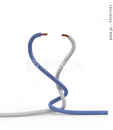 Pair of electrical cable wires twisted together with white and blue insulation isolated 3d 44267491