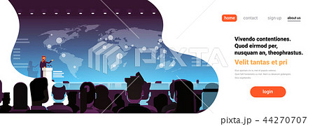 Business conference arab businessman politician talking from tribune over world map arabian speaker 44270707