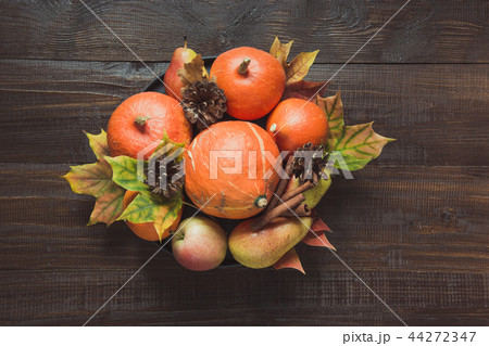 Autumn still life with leaves, pumpkins on board. 44272347