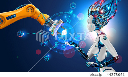 Robot with artificial intelligence takes control of factory into their hands. Robotic arm goes into 44273061