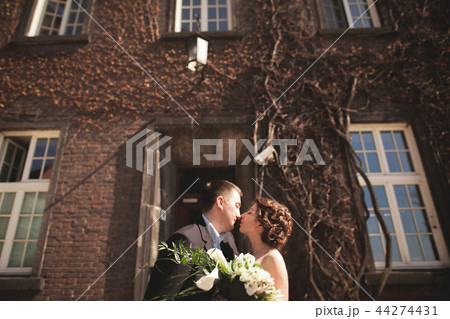 Young wedding couple in love story, bride and groom posing near building on the background. Krakow Young wedding couple in love story, bride and groom posing near building on the background. Krakow 44274431