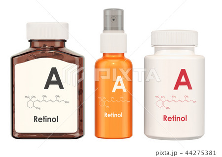 Vitamin A, retinol. Medical bottles with pills 44275381