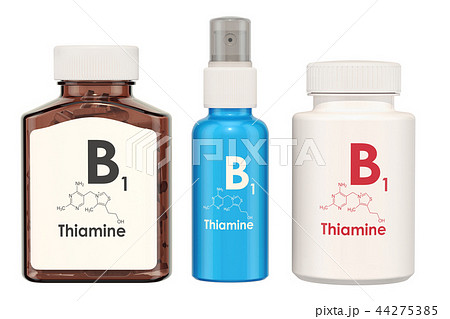 Vitamin B1, thiamine. Medical bottles with pills Vitamin B1, thiamine. Medical bottles with pills 44275385