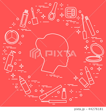 Silhouette of female head and various accessories 44276181