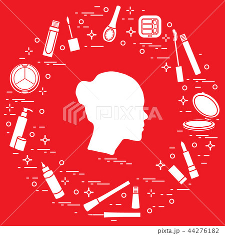 Silhouette of female head and various accessories 44276182