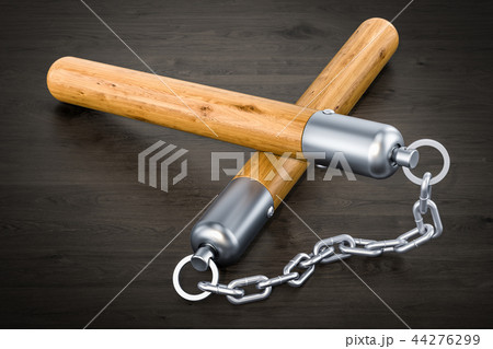 Nunchaku on the wooden table, 3D rendering 44276299