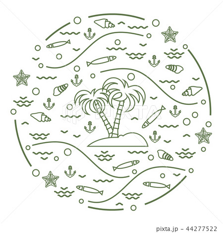 fish, island with palm trees, anchor, waves, fish, island with palm trees, anchor, waves, 44277522