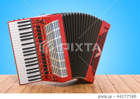 Accordion On The Wooden Table 3d Renderingのイラスト素材