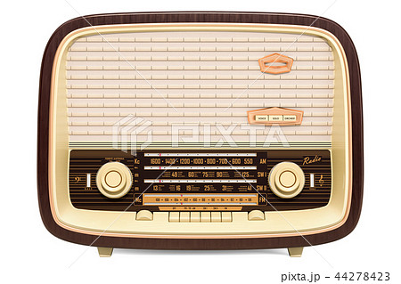 Vintage radio receiver front view, 3D rendering Vintage radio receiver front view, 3D rendering 44278423