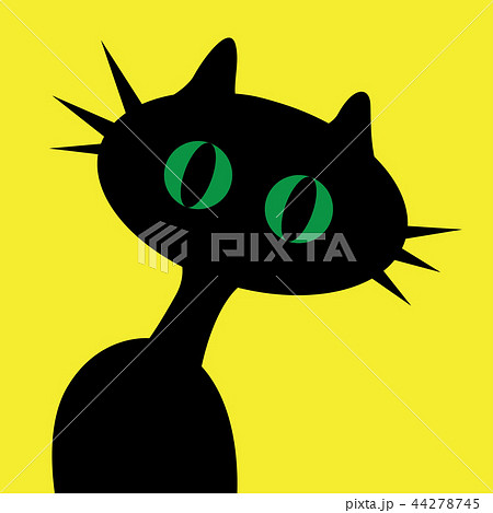 Black cartoon cat with green eyes on yellow Black cartoon cat with green eyes on yellow 44278745