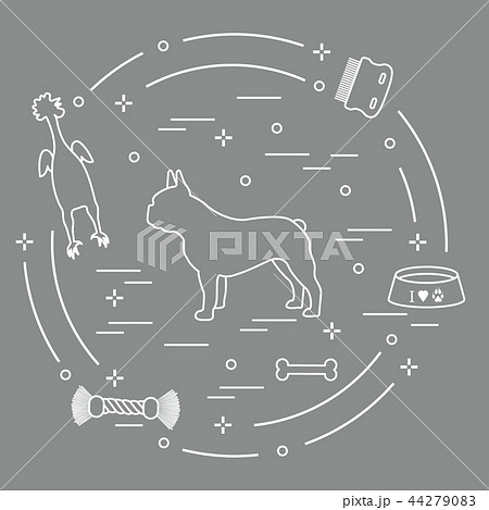 Silhouette of french bulldog, bowl, bone, brush, 44279083