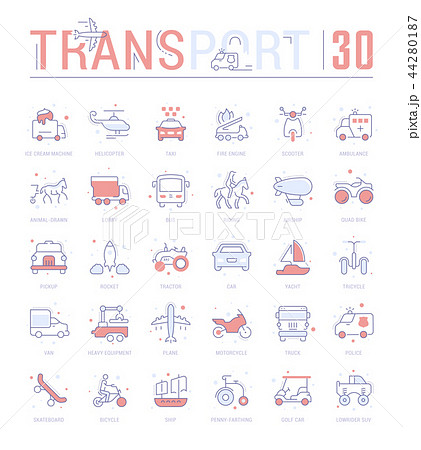 Set Blue Line Icons of Means of Transport. 44280187