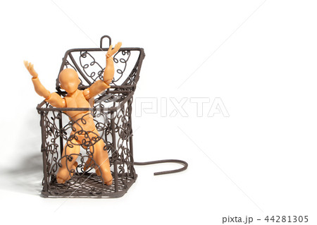 Action figure sitting and hold two hands above 44281305