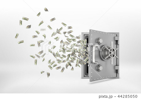3d rendering of a semi-opened steel safe box with many paper dollar banknotes flying out of it. 44285050