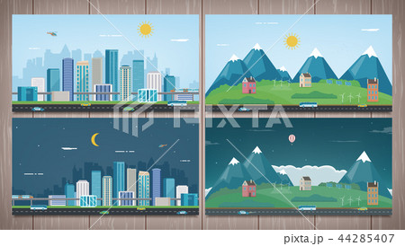 Modern city with suburban landscape. Building and architecture set. Modern city and suburb. Vector Modern city with suburban landscape. Building and architecture set. Modern city and suburb. Vector 44285407