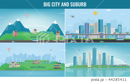 Modern city with suburban landscape. Building and architecture set. Modern city and suburb. Vector Modern city with suburban landscape. Building and architecture set. Modern city and suburb. Vector 44285411