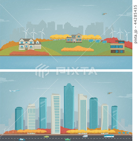 Autumn City landscape and suburban landscape. Building architecture, cityscape town. Modern city and 44285435