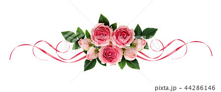Pink rose flowers and satin ribbons in arrangement 44286146