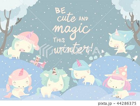 Funny unicorns in snow forest. Magic winter 44286375