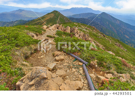 秋の尾瀬 至仏山の山頂付近から小至仏山、南側の笠ヶ岳、黒檜山方面眺望 44293501