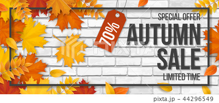 Autumn sale fallen maple leaves frame white brick 44296549