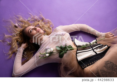 Gorgeous woman with long locks high angle shot 44298633