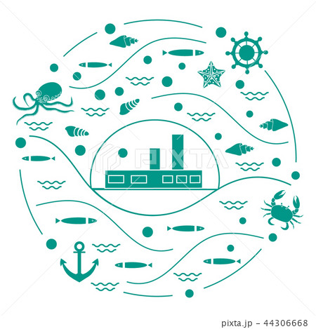 ship, octopus, fish, anchor, helm, waves, ship, octopus, fish, anchor, helm, waves, 44306668