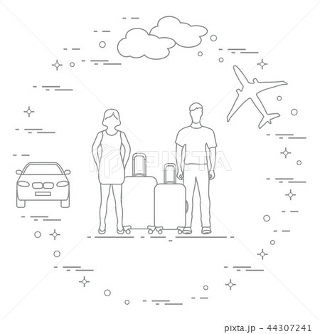 Man and woman with suitcases, plane, cloud, car Man and woman with suitcases, plane, cloud, car 44307241