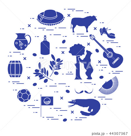 various symbols of Spain arranged in a circle various symbols of Spain arranged in a circle 44307367