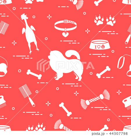 Pattern of silhouette chow-chow dog, bowl, bone, 44307798